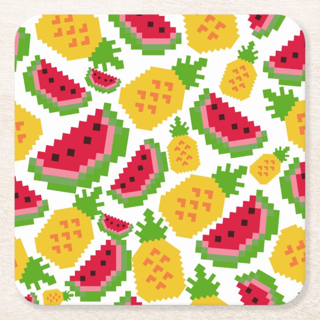 Dessous-de-verre Carré En Papier Tropical Watermelon and Pineapple Pixel Pattern (Devant)