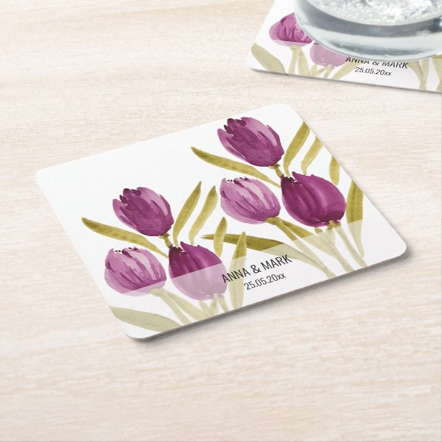 Dessous-de-verre Carré En Papier Tulipes pourpres Elégante aquarelle (Incliné)