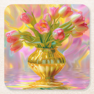 Dessous-de-verre Carré En Papier Tulipes roses vibrantes dans le Vase d'or