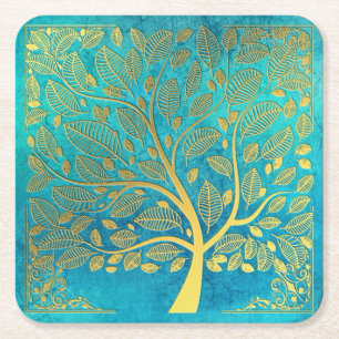 Dessous-de-verre Carré En Papier Turquoise Bleu et Arbre de Vie en Or