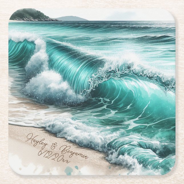 Dessous-de-verre Carré En Papier Turquoise Ocean Waves Mariage personnalisé (Devant)