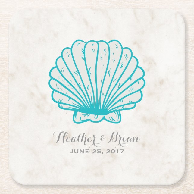 Dessous-de-verre Carré En Papier Turquoise Rustic Seashell Mariage (Devant)