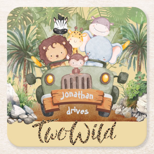 Dessous-de-verre Carré En Papier Two Wild Safari Animals Driving Car 2nd Birthday  (Devant)