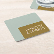 Dessous-de-verre Carré En Papier Typographie moderne Mariage bleu et olive personna