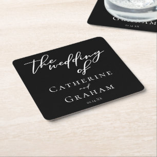 Dessous-de-verre Carré En Papier Typographie noir blanc simple Mariage hiver chic