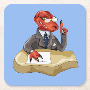 Dessous-de-verre Carré En Papier Tyrannosaurus Rex Boss Assis À Un Bureau. 2