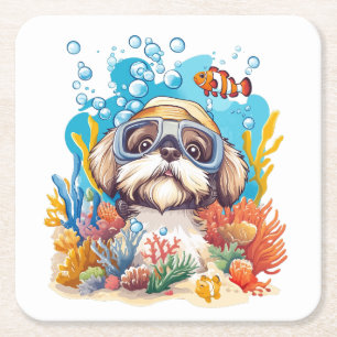 Dessous-de-verre Carré En Papier Tzu Chiens Shih Tzu en snorkeling dans un récif de
