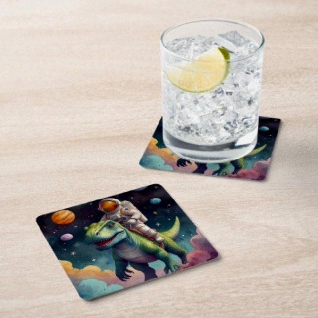 Dessous-de-verre Carré En Papier Un astronaute sur Dino dans l'espace (Créateur téléchargé)