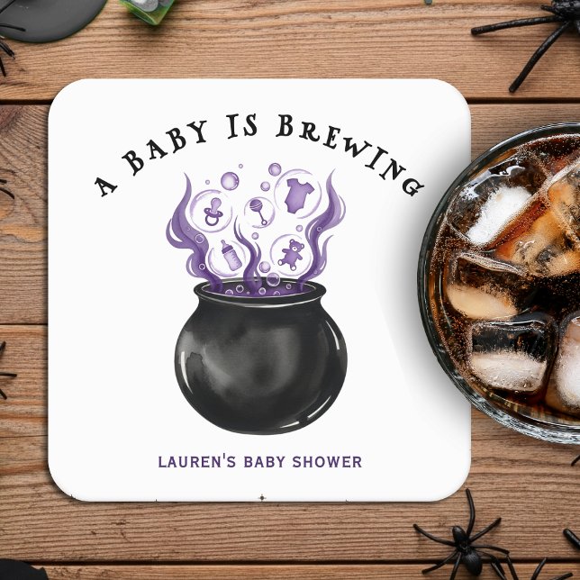Dessous-de-verre Carré En Papier Un bébé brasse le Baby shower d'Halloween Cauldron (A Baby is Brewing Cauldron Halloween Baby Shower Square Paper Coaster
)