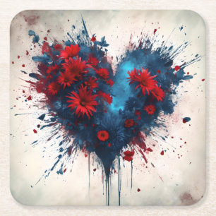 Dessous-de-verre Carré En Papier Un coeur bleu éclatant avec des fleurs rouges