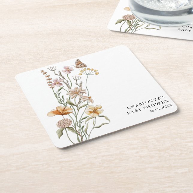 Dessous-de-verre Carré En Papier Un petit Baby shower de fille Fleur sauvage (Incliné)