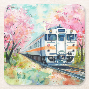 Dessous-de-verre Carré En Papier Un train au printemps