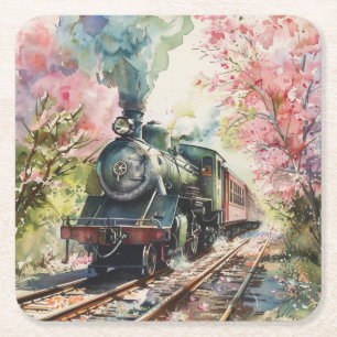Dessous-de-verre Carré En Papier Un train au printemps