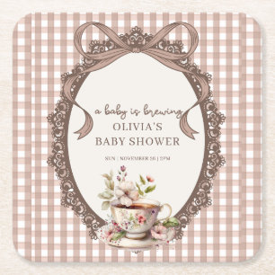 Dessous-de-verre Carré En Papier Une Baby Shower Café Gingham 'Un Bébé Est En Train