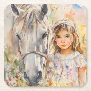 Dessous-de-verre Carré En Papier Une petite fille avec un cheval