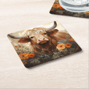 Dessous-de-verre Carré En Papier Une série Florale Highland Cow Design 2