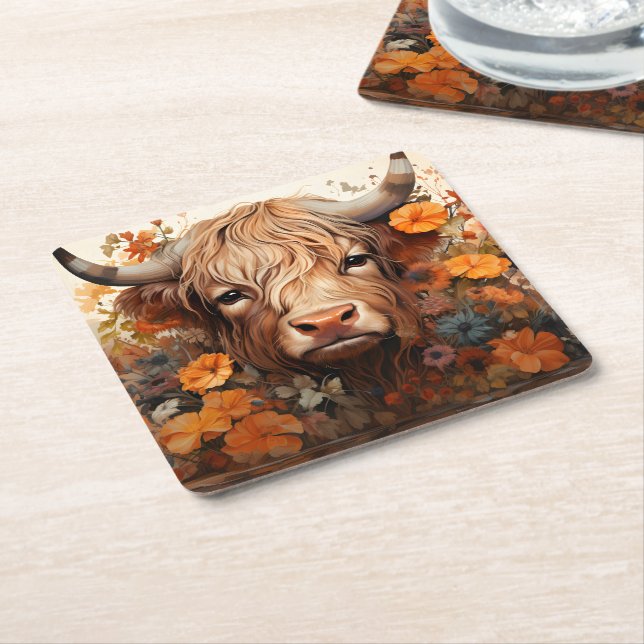 Dessous-de-verre Carré En Papier Une série Florale Highland Cow Design 3 (Incliné)