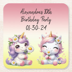 Dessous-de-verre Carré En Papier Unicornes et marguerites, fête d'anniversaire pour