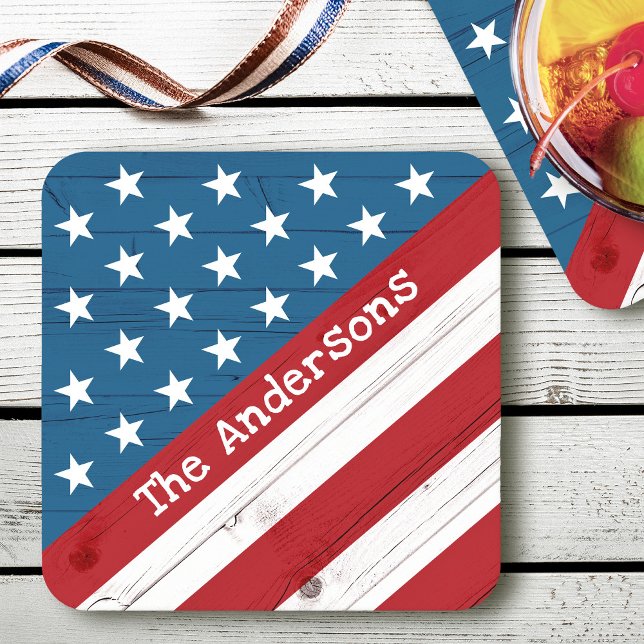 Dessous-de-verre Carré En Papier USA Patriotic Stars Stripes Drapeau Nom Bois rusti (Créateur téléchargé)