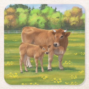 Dessous-de-verre Carré En Papier Vache d'Aubrac et veau mignon dans le pâturage de 