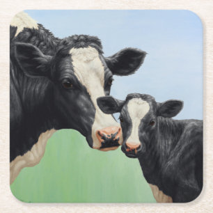 Dessous-de-verre Carré En Papier Vache Holstein noire et veau mignon