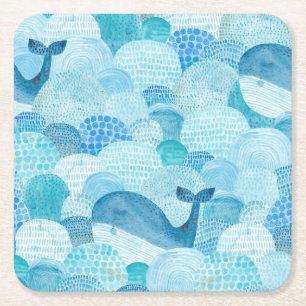 Dessous-de-verre Carré En Papier Vagues, baleine, texture bleu enfantine