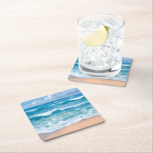 Dessous-de-verre Carré En Papier Vagues de l'océan bleu Art aquarelle de la mer d