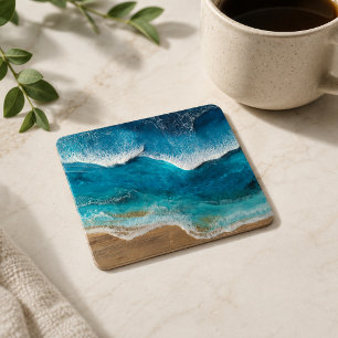 Dessous-de-verre Carré En Papier Vagues de résine fausse bleue plage côtière