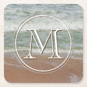 Dessous-de-verre Carré En Papier Vagues de sable de plage sur mesure Monogramme ini