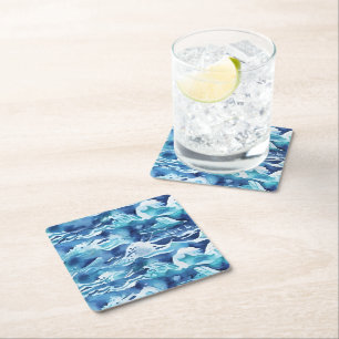 Dessous-de-verre Carré En Papier Vagues océaniques Aquarelle sarcelle Bleu aqua