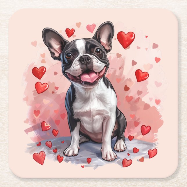 Dessous-de-verre Carré En Papier Valentines Day Boston Terrier Dog (Devant)