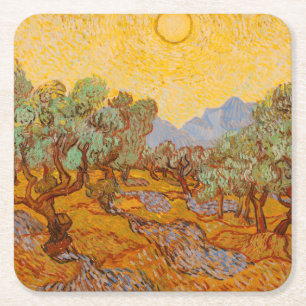 Dessous-de-verre Carré En Papier Van Gogh Olive Trees Soleil Jaune Ciel