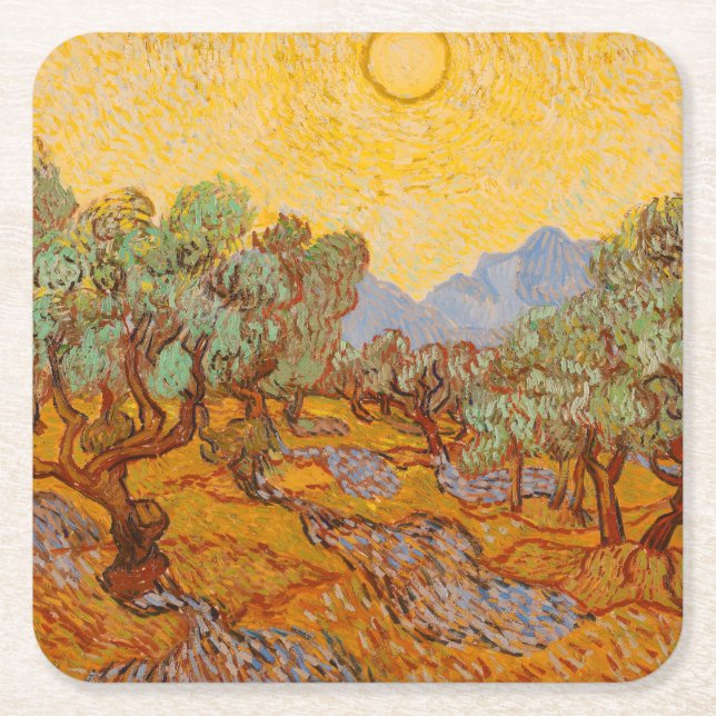 Dessous-de-verre Carré En Papier Van Gogh Olive Trees Soleil Jaune Ciel (Devant)