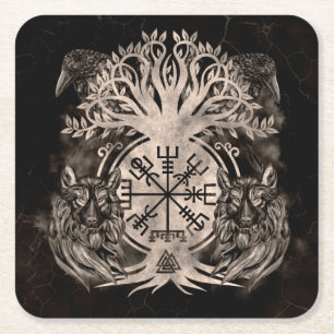 Dessous-de-verre Carré En Papier Vegvisir -Yggdrasil Avec Ravens & Wolves
