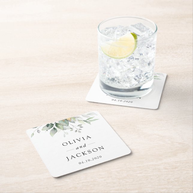 Dessous-de-verre Carré En Papier Verdure, Feuilles d'Eucalyptus, Mariage botanique (En situation)