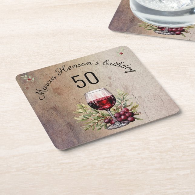 Dessous-de-verre Carré En Papier Verre rouge Olive Aquarelle 50e anniversaire (Incliné)