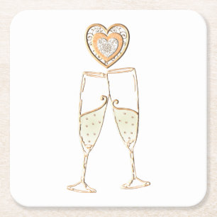 Dessous-de-verre Carré En Papier Verres à champagne et cœurs