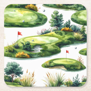 Dessous-de-verre Carré En Papier Vert de putting de golf avec drapeau rouge