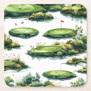 Dessous-de-verre Carré En Papier Vert de putting de golf avec drapeau rouge
