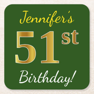 Dessous-de-verre Carré En Papier Vert, Faux Gold 51e anniversaire + Nom personnalis