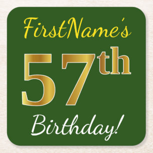 Dessous-de-verre Carré En Papier Vert, Faux Gold 57e anniversaire + Nom personnalis