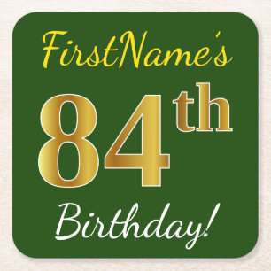 Dessous-de-verre Carré En Papier Vert, Faux Gold 84e anniversaire + Nom personnalis
