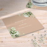 Dessous-de-verre Carré En Papier Vert floral Élégant Tan Mariage<br><div class="desc">Elégant dessous de verre fleuris bronzés mariages personnalisés avec vos noms et date de mariage spéciale. Conçu par Thisisnotme©</div>