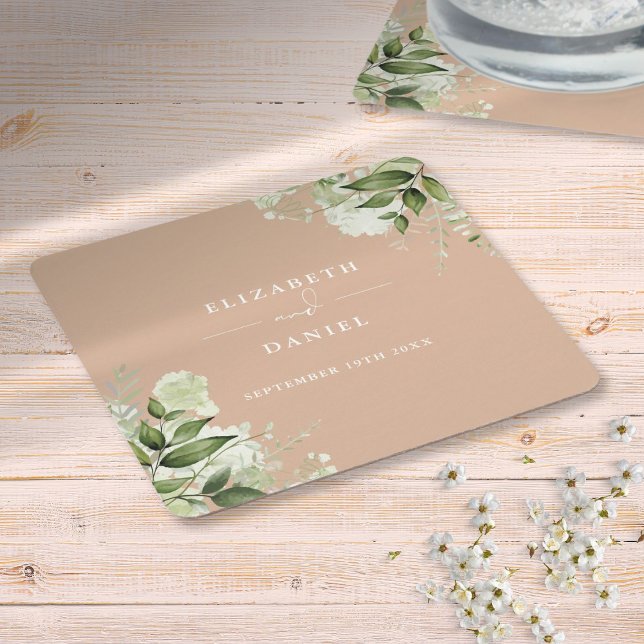 Dessous-de-verre Carré En Papier Vert floral Élégant Tan Mariage (Floral Greenery Elegant Tan Wedding Square Paper Coaster)