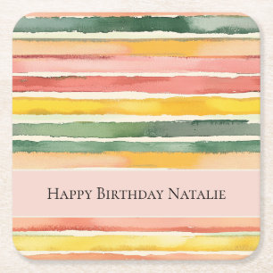 Dessous-de-verre Carré En Papier Vert Jaune Rouge Rose Rayures Joyeux Anniversaire