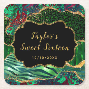 Dessous-de-verre Carré En Papier Vert Safari Agate Sweet Sixteen