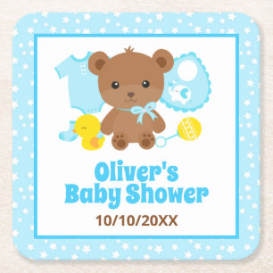 Dessous-de-verre Carré En Papier Vêtements d'ours en peluche Blue Boy Baby Shower