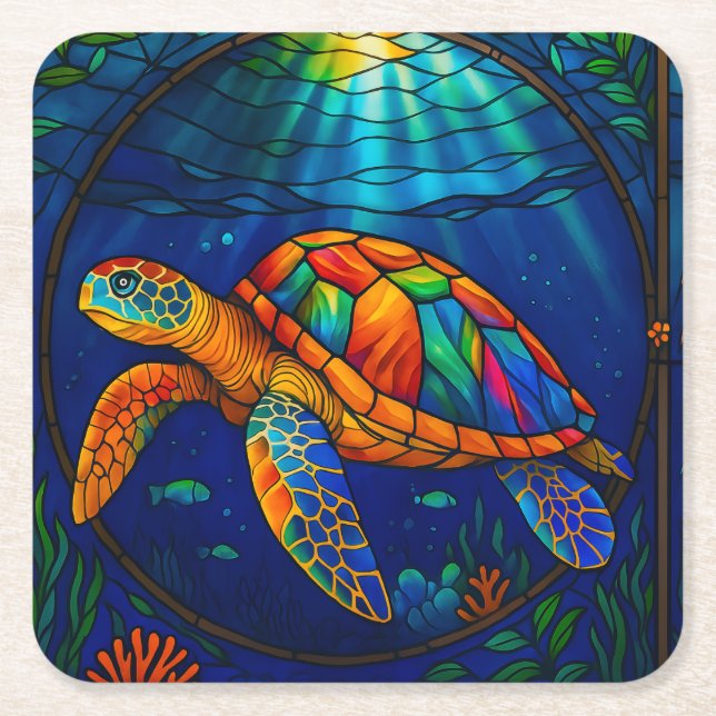 Dessous-de-verre Carré En Papier Vibrant Stained Glass Sea Turtle Ocean Design (Devant)