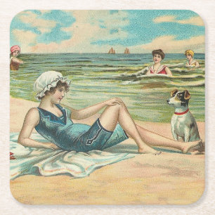 Dessous-de-verre Carré En Papier Victorian Beach Swim Girl Ocean Summer Vacances