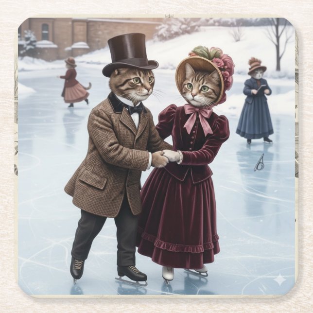 Dessous-de-verre Carré En Papier Victorian Skating Cats Paper Coaster (Devant)